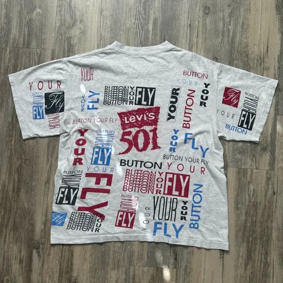 Vintage Levi's 501 Button Your Fly Test Sample All Over Print T Shirt Size L - Picture 6 of 7